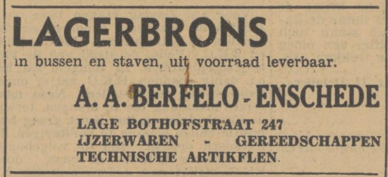 Lage Bothofstraat 247 A.A. Berfelo ijzerwaren advertentie Tubantia 11-10-1947.jpg