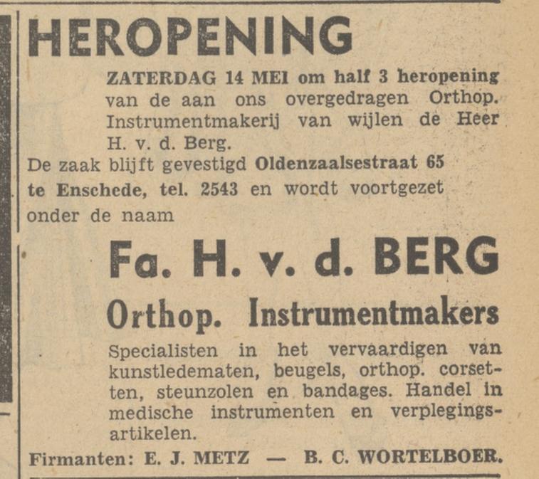 Oldenzaalsestraat 65 Fa. H. v.d. Berg Orthop. Instrumentmakers advertentie Tubantia 13-5-1949.jpg