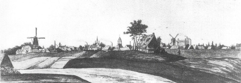 Enschede tekening 1860 met rechts De Groote Stoom van de Enschedesche Katoenspinnerij.jpg