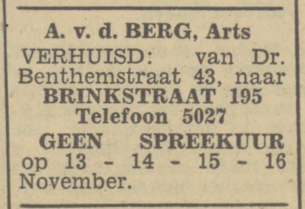 Brinkstraat 195 A. v.d. Berg Arts advertentie Tubantia 11-11-1946.jpg