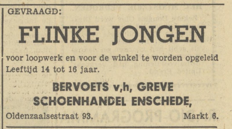 Oldenzaalsestraat 93 Bervoets v.h. Greve schoenhandel advertentie Tubantia 19-1-1950.jpg