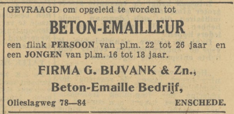 Olieslagweg 78-84 Fa. G. Bijvank en Zoon Beton Rmaille Bedrijf advertentie Tubantia 28-2-1950.jpg