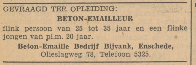 Olieslagweg 78 Fa. G. Bijvank en Zoon Beton Rmaille Bedrijf advertentie Tubantia 30-3-1949.jpg