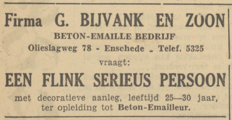 Olieslagweg 78 Fa. G. Bijvank en Zoon Beton Rmaille Bedrijf advertentie Tubantia 23-12-1950.jpg