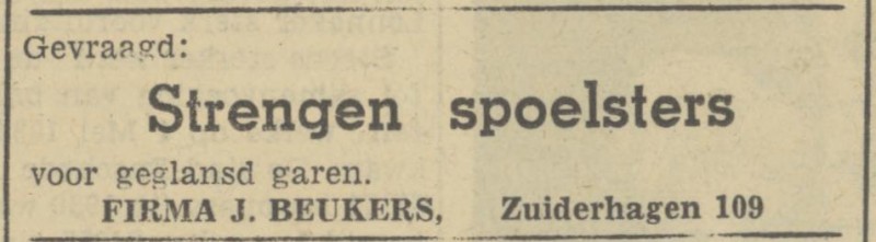 Zuiderhagen 109 Firma J. Beukers advertentie Tubantia 4-12-1946.jpg