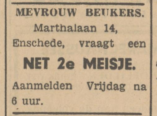 Marthalaan 14 Mevr. Beukers advertentie Tubantia 25-8-1948.jpg