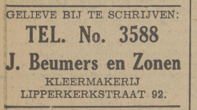 Lipperkerkstraat 92 J. Beumers en Zonen kleermakerij advertentie Tubantia 12-4-1941.jpg