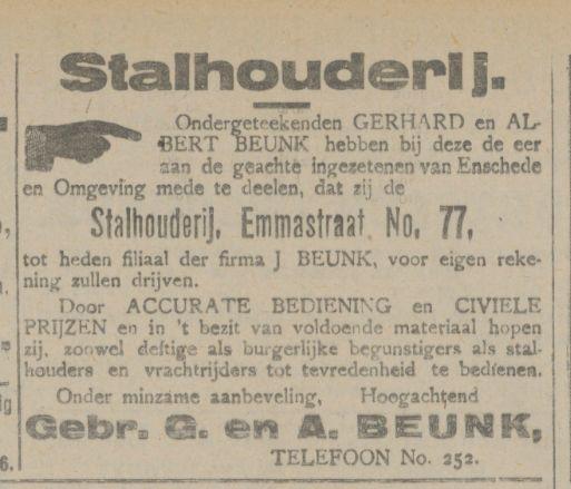 Emmastraat 77 Stalhouderij Gebr. G. en A. Beunk advertentie Tubantia 17-4-1919.jpg