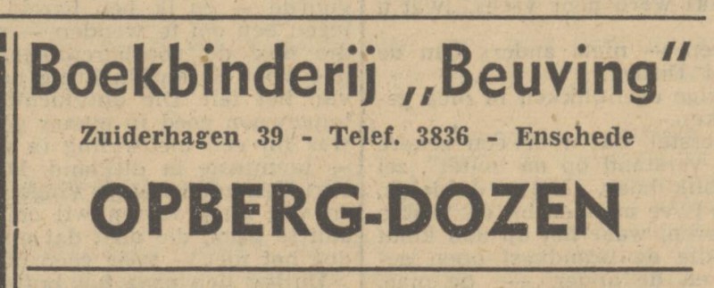 Zuiderhagen 39 Boekbinderij Beuving advertentie Tubantia 6-10-1950.jpg
