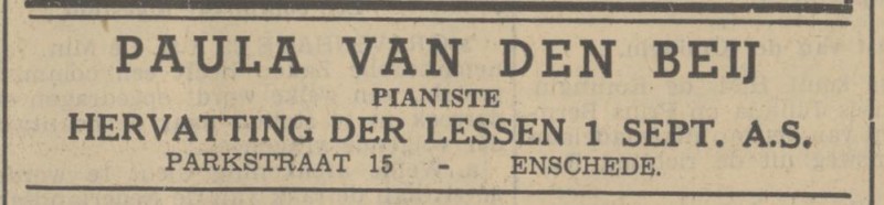 Parkstraat 15 Paula van den Beij pianiste advertentie Tubantia 29-8-1938.jpg