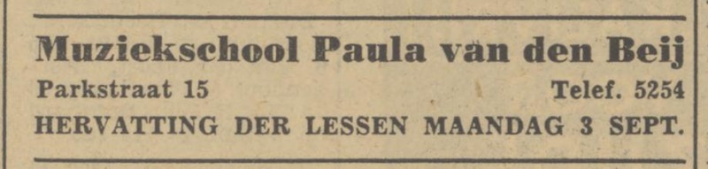 Parkstraat 15 Muziekschool Paula van den Beij advertentie Tubantia 31-8-1951.jpg
