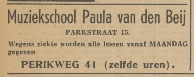 Parkstraat 15 Muziekschool Paula van den Beij advertentie Tubantia 2-4-1951.jpg