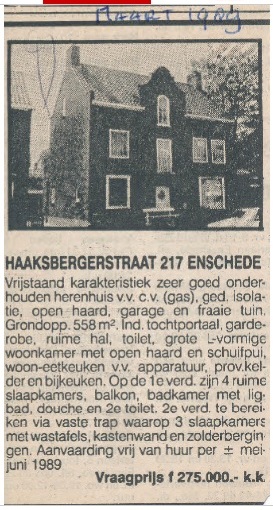 Haaksbergerstraat 217 knipsel van te koop staande vm woning familie Bernard Spiele 1989.jpg