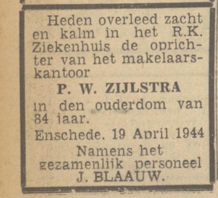 J. Blaauw procuratiehouder P.W. Zijlstra advertentie Twentsch nieuwsblad 20-4-1944.jpg
