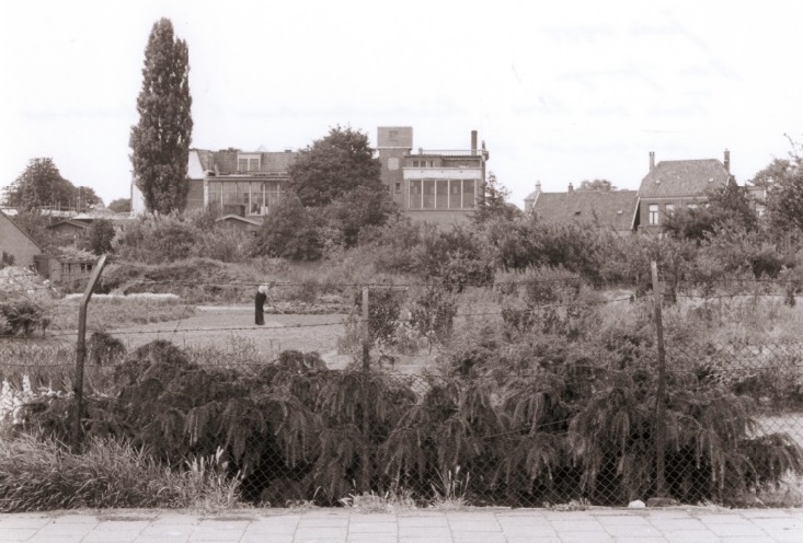 Rietmolenstraat Hoek Lombokstraat, tuin van hr. Kors, met zicht op Ziekenzorg. juli 1955.jpg