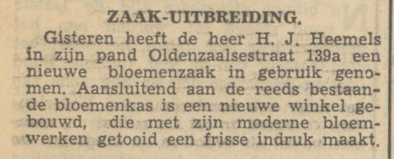 Oldenzaalsestraat 139a H.J. Heemels Bloemenzaak krantenbericht Tubantia 11-8-1951.jpg