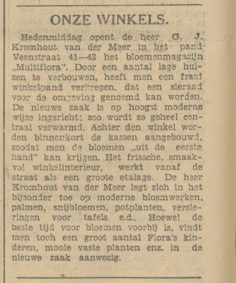 Veenstraat 41-43 Bloemenmagazijn Multiflora G.J. Kromhout v.d. Meer krantenbericht Tubantia 7-11-1930.jpg