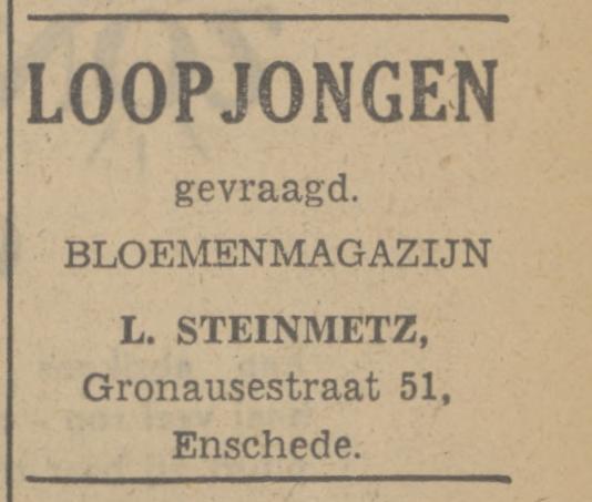 Gronausestraat 51 Bloemenmagazijn L. Steinmetz advertentie Tubantia 27-2-1948.jpg