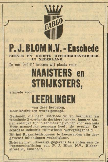 Blekerstraat 96 P.J. Blom N.V. advertentie Leeuwarder courant 23-1-1957.jpg