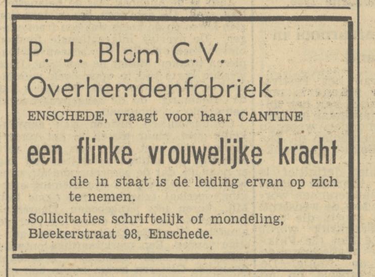 Bleekerstraat 98 P.J. Blom C.V. Overhemdenfabriek advertentie Tubantia 8-12-1950.jpg
