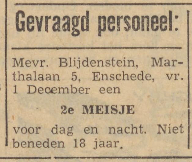 Marthalaan 5 Mevr. Blijdenstein advertentie 22-11-1954.jpg