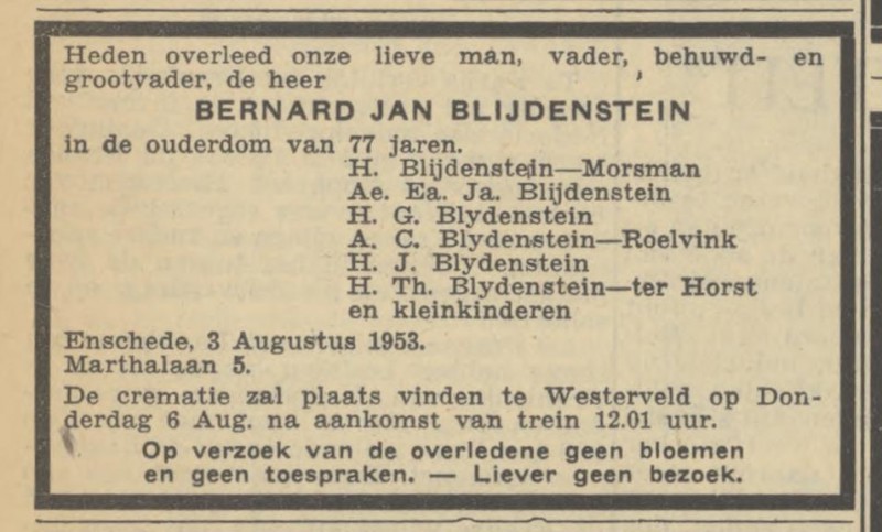 Marthalaan 5 Bernard Jan Blijdenstein overlijdensadvertentie 4-8-1953.jpg