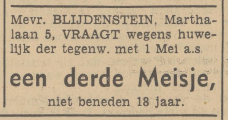 Marthalaan 5 Mevr. Blijdenstein advertentie Tubantia 3-2-1940.jpg