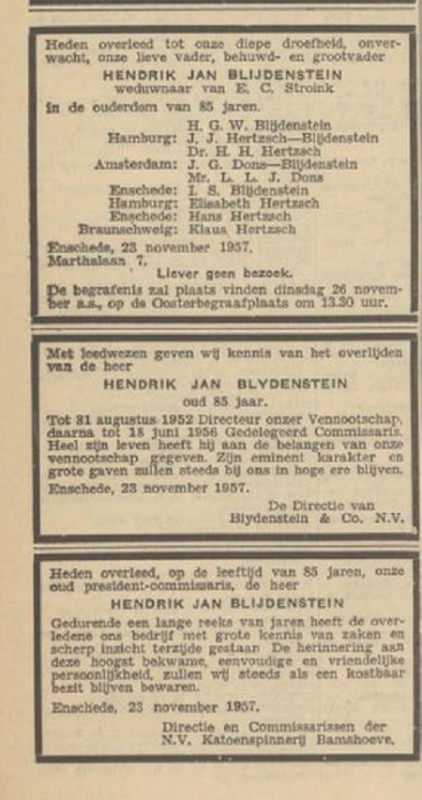Marthalaan 7 Hendrik Jan Blijdenstein overlijdensadvertentie Algemeen Handelsblad 25-11-1947.jpg