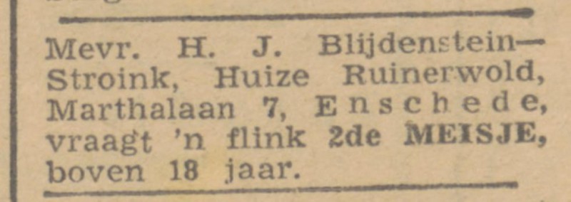 Marthalaan 7 Huize Ruinerwold Mevr. H.J. Blijdenstein-Stroink advertentie Twentsche Courant 28-11-1945.jpg
