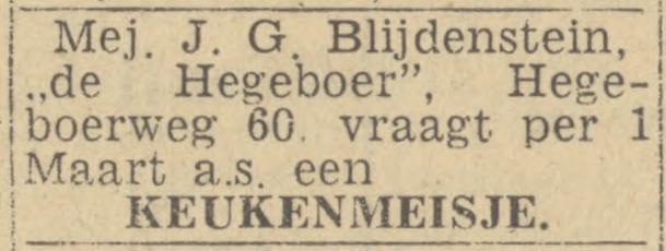 Hegeboerweg 60 de Hegeboer Mej. J.G. Blijdenstein advertentie Twentsch nieuwsblad 2-2-1944.jpg
