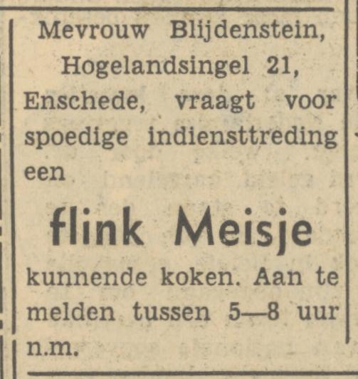 Hogelandsingel 21 Mevr. Blijdenstein advertentie Tubantia 26-10-1951.jpg