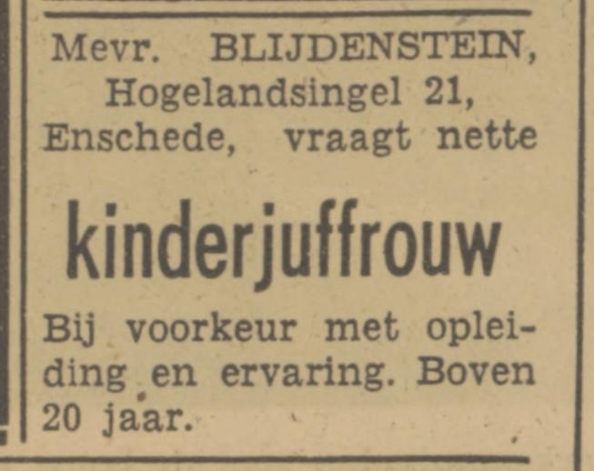 Hogelandsingel 21 Mevr. Blijdenstein advertentie Tubantia 2-4-1951.jpg