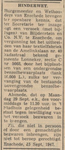 Amelinkslaan 40 Blijdenstein & Co N.V. Hinderwet krantenbericht Tubantia 17-9-1947.jpg