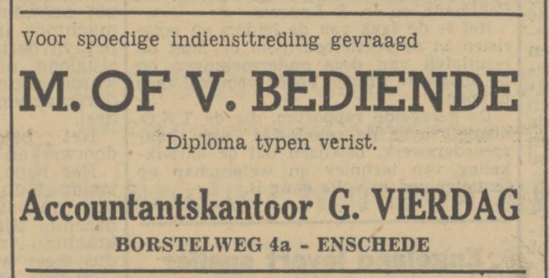 Borstelweg 4a Accountantskantoor G. Vierdag advertentie Tubantia 22-3-1951.jpg