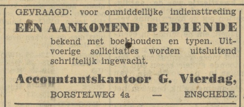 Borstelweg 4a Accountantskantoor G. Vierdag advertentie Tubantia 11-5-1950.jpg