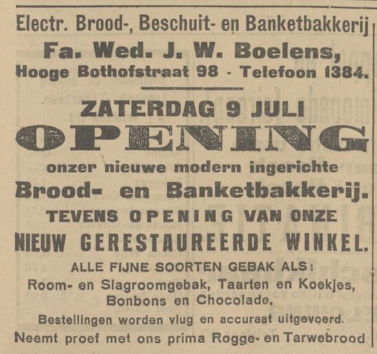 Hoge Bothofstraat 98 Fa. Wed. J.W. Boelens Broodbakkerij advertentie Tubantia 8-7-1927.jpg