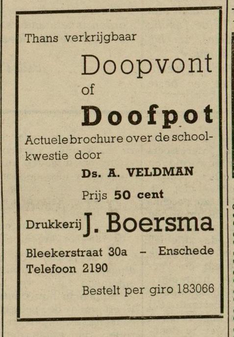 Bleekerstraat 30a Drukkerij J. Boersma advertentie Gereformeerd gezinsblad 26-11-1949.jpg
