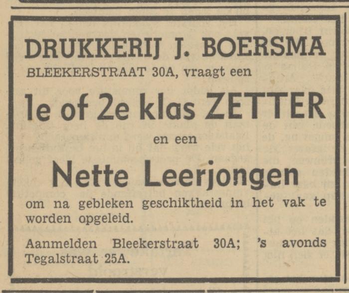 Bleekerstraat 30A Drukkerij J. Boersma advertentie Tubantia 11-11-1950.jpg