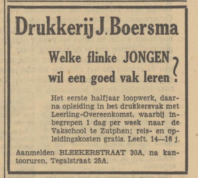 Tegalstraat 25a Drukkerij J. Boersma advertentie Tubantia 3-2-1951.jpg