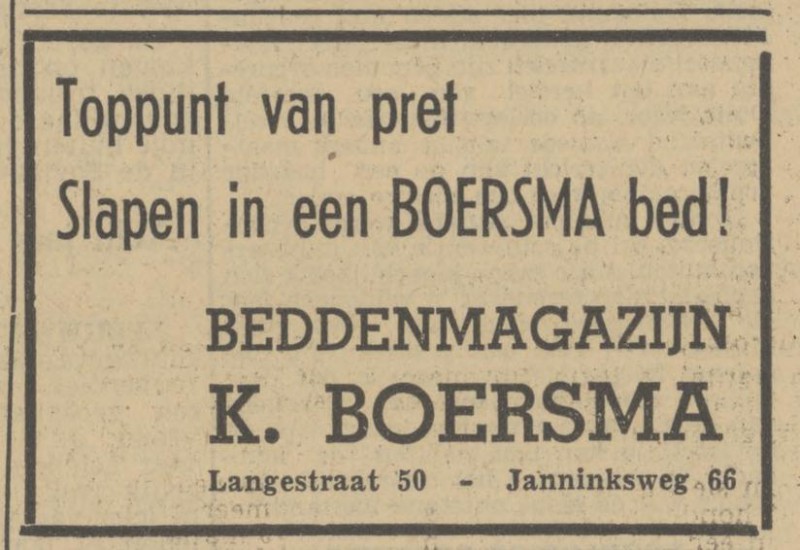 Langestraat 50 Beddenmagazijn K.  Boersma advertentie Tubantia 7-12-1951.jpg