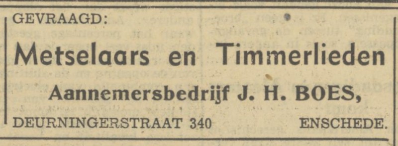 Deurningerstraat 340 J.H. Boes Aannemersbedrijf advertentie Tubantia 9-6-1950.jpg