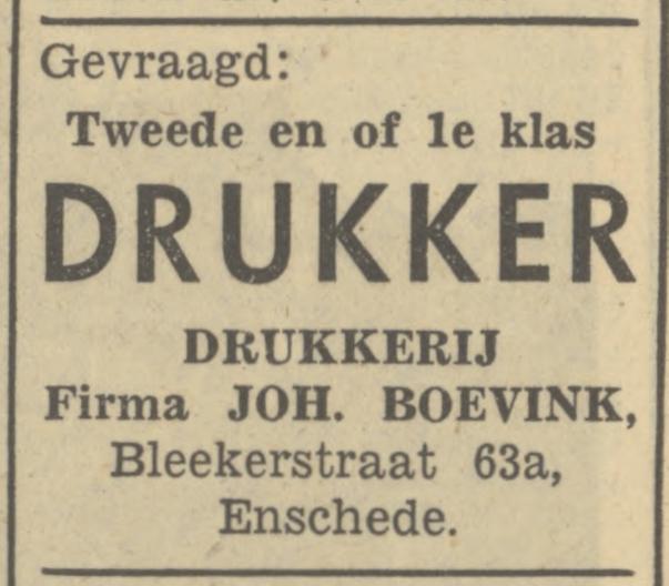 Blekerstraat 63a Drukkerij Joh. Boevink advertentie Tubantia 5-10-1948.jpg