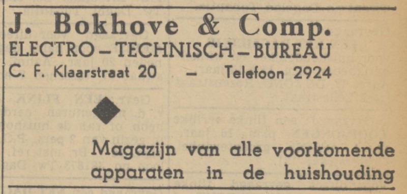 C.F. Klaarstraat 20 J. Bokhove & Comp. advertentie Tubantia 25-6-1938.jpg