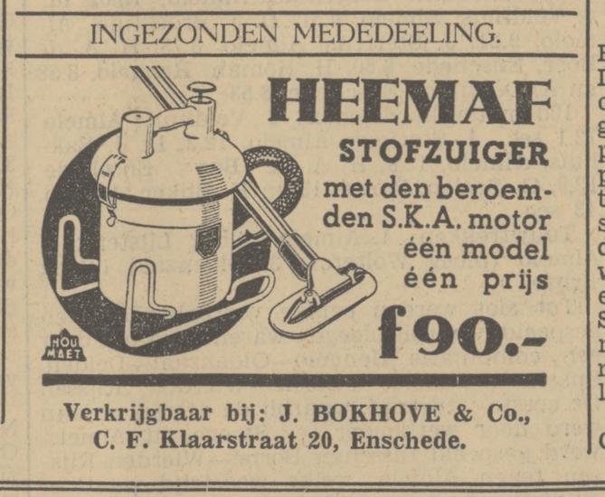 C.F. Klaarstraat 20 J. Bokhove & co. advertentie Tubantia 27-7-1938.jpg