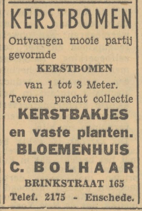 Brinkstraat 165 Bloemenhuis C. Bolhaar advertentie Tubantia 14-12-1951.jpg