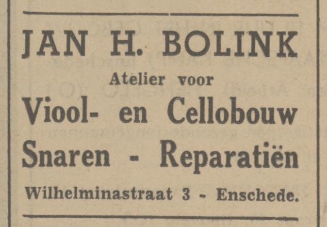 Wilhelminastraat 3 Jan H. Bolink Atelier voor Viool- en cellobouw asvertentie Tubantia 24-4-1941.jpg
