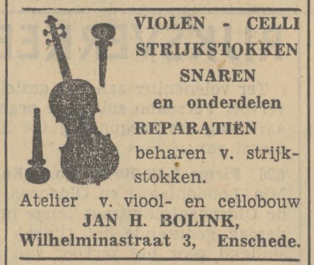 Wilhelminastraat 3 Jan H. Bolink Atelier voor Viool- en cellobouw asvertentie Tubantia 25-6-1938.jpg