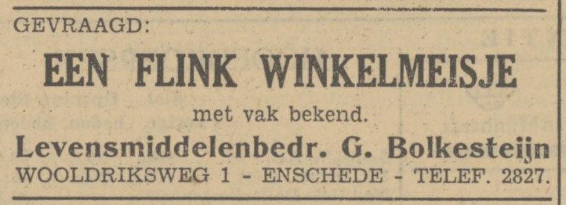 Wooldriksweg 1 G. Bolkesteijn Levensmiddelenbedrijf advertentie Tubantia 13-2-1951.jpg