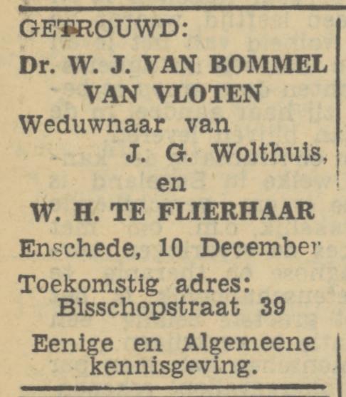 Bisschopstraat 39 Dr. W.J. van Bommel van Vloten advertentie Tubantia 10-12-1946.jpg