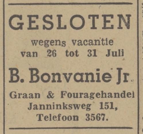 Janninksweg 151 B. Bonvanie Jr. Graan- en Fouragehandel advertentie Tubantia 21-7-1948.jpg